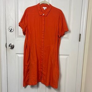J. Jill Love Linen Vibrant Orange Linen Shirt Dress with Pockets Size XL Petite